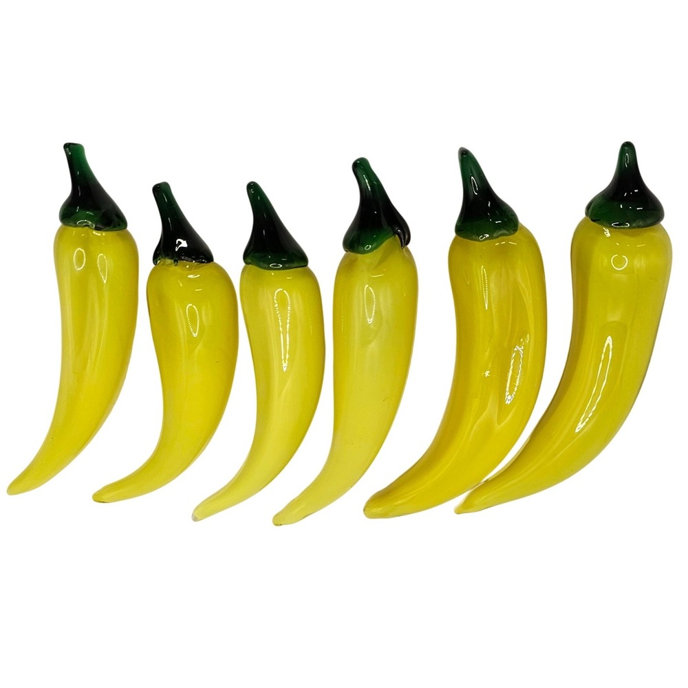 Hand Blown‎ Art Glass Yellow Chili Peppers Set of 6 Murano Style 6.5" Decor